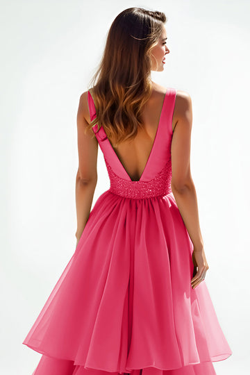 Sparkly Hot Pink Beaded V Neck A Line Tiered Long Formal Dress